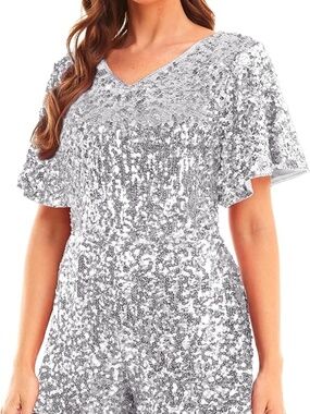 Sequin Shorts Romper silver